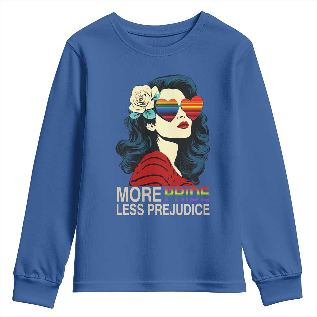 More Pride Less Prejudice Youth Sweatshirt Retro Pride Month LGBTQ Feminist TS02 Royal Blue Print Your Wear
