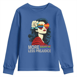 More Pride Less Prejudice Youth Sweatshirt Retro Pride Month LGBTQ Feminist TS02 Royal Blue Print Your Wear