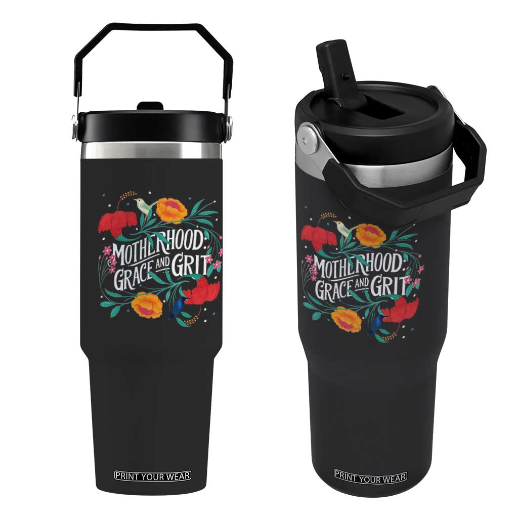 Motherhood Grace And Grit Flip Straw Tumbler Boho Floral Mother's Day TS11 One Size: 30 oz Black Print Your Wear