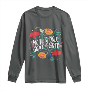 Motherhood Grace And Grit Long Sleeve Shirt Boho Floral Mother's Day TS11 Dark Heather Print Your Wear