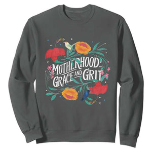 Motherhood Grace And Grit Sweatshirt Boho Floral Mother's Day TS11 Dark Heather Print Your Wear