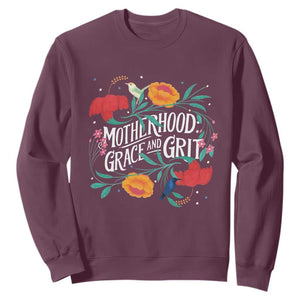 Motherhood Grace And Grit Sweatshirt Boho Floral Mother's Day TS11 Maroon Print Your Wear