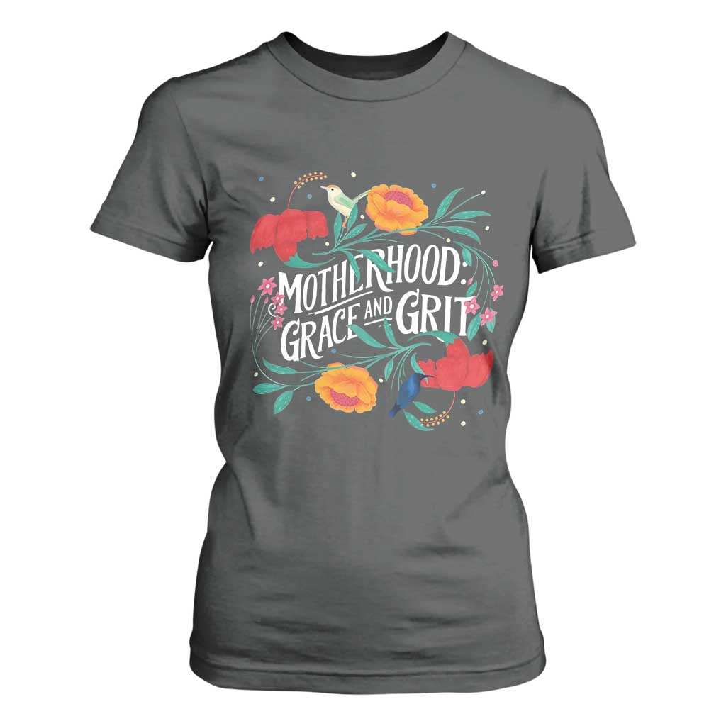 Motherhood Grace And Grit T Shirt For Women Boho Floral Mother's Day TS11 Dark Heather Print Your Wear