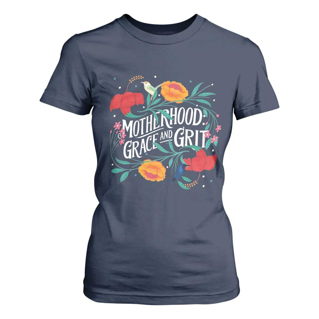 Motherhood Grace And Grit T Shirt For Women Boho Floral Mother's Day TS11 Navy Print Your Wear