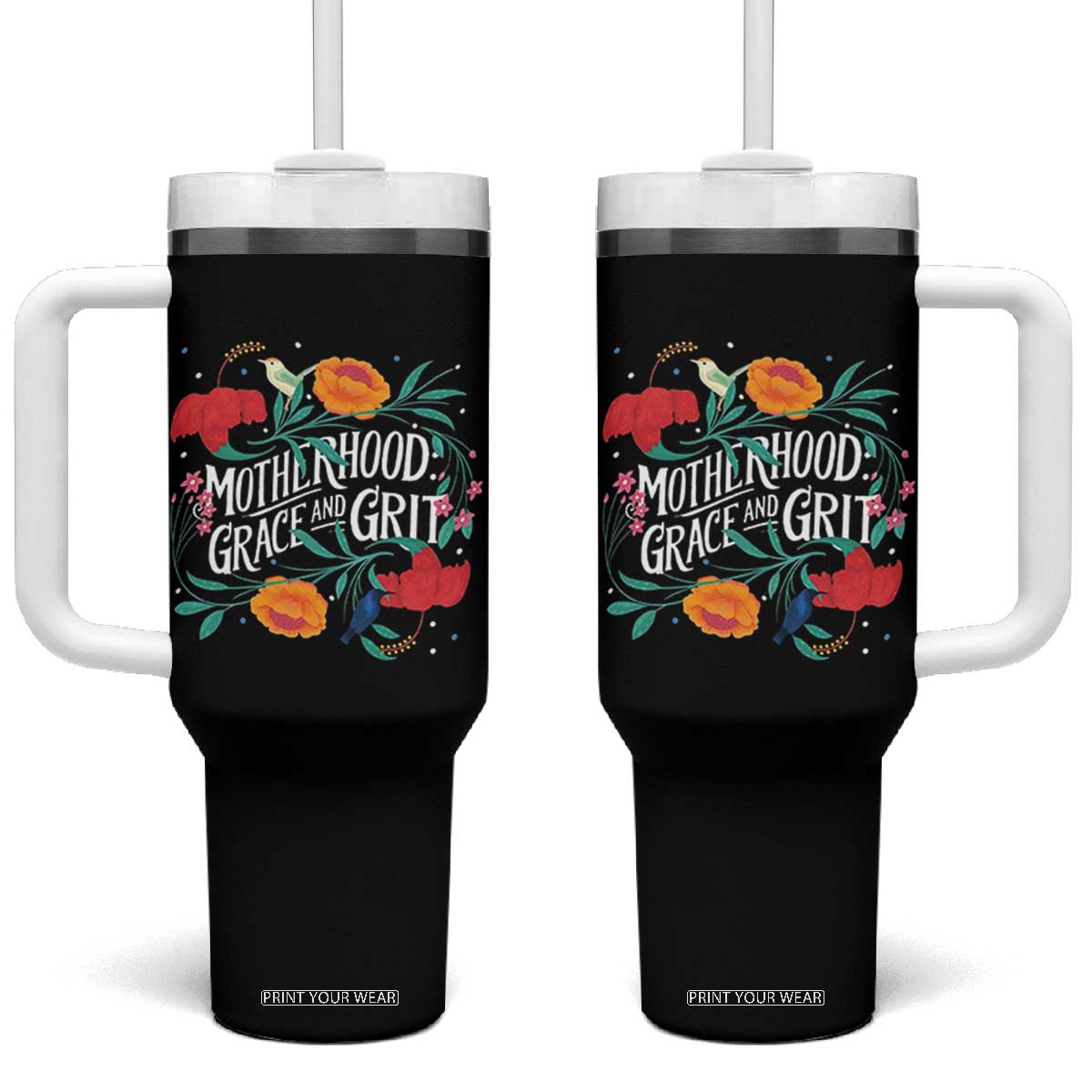 Motherhood Grace And Grit Tumbler With Handle Boho Floral Mother's Day TS11 One Size: 40 oz Black Print Your Wear