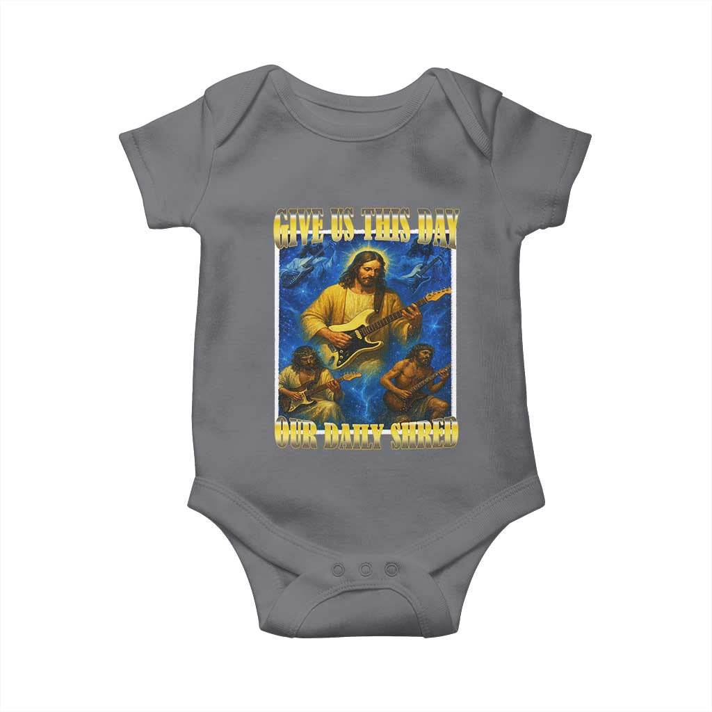 Music Give Us This Day Our Daily Shred Baby Onesie Funny Jesus Rock Guitar Meme TS02 Charcoal Print Your Wear