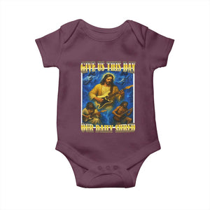 Music Give Us This Day Our Daily Shred Baby Onesie Funny Jesus Rock Guitar Meme TS02 Maroon Print Your Wear