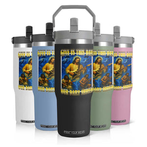Music Give Us This Day Our Daily Shred Flip Straw Tumbler Funny Jesus Rock Guitar Meme TS02 Print Your Wear