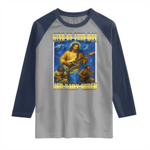 Music Give Us This Day Our Daily Shred Raglan Shirt Funny Jesus Rock Guitar Meme TS02 Sport Gray Navy Print Your Wear