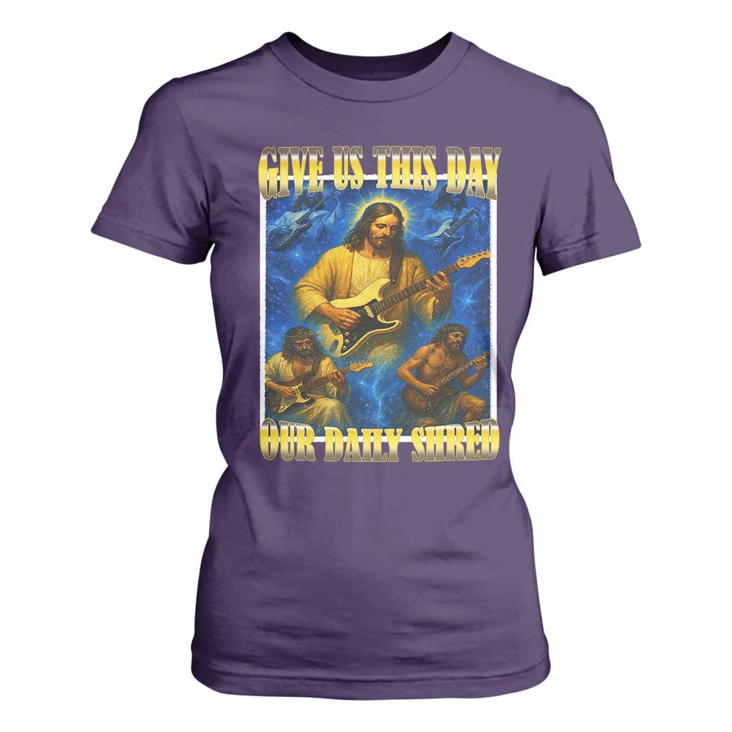 Music Give Us This Day Our Daily Shred T Shirt For Women Funny Jesus Rock Guitar Meme TS02 Purple Print Your Wear