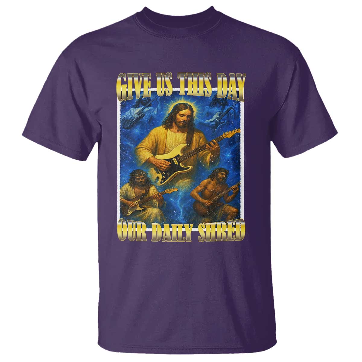 Music Give Us This Day Our Daily Shred T Shirt Funny Jesus Rock Guitar Meme TS02 Purple Print Your Wear