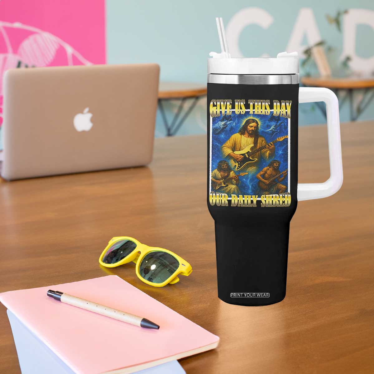 Music Give Us This Day Our Daily Shred Tumbler With Handle Funny Jesus Rock Guitar Meme TS02 Print Your Wear