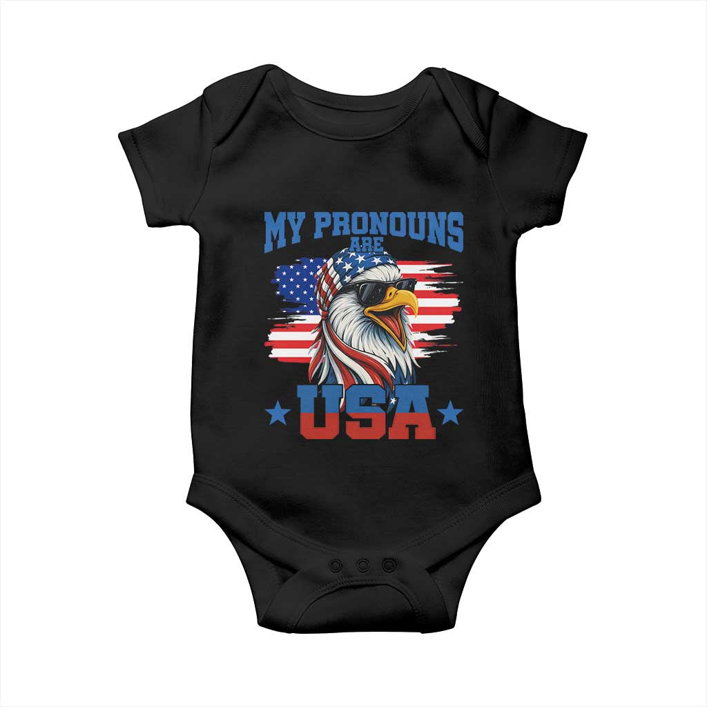 My Pronouns Are USA Baby Onesie Bold Patriotic Eagle with American Flag Bandana Mullet TS02 Black Print Your Wear