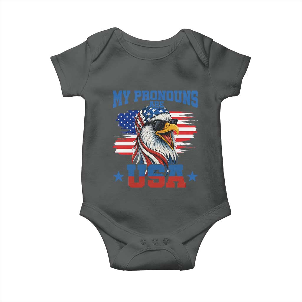 My Pronouns Are USA Baby Onesie Bold Patriotic Eagle with American Flag Bandana Mullet TS02 Dark Heather Print Your Wear
