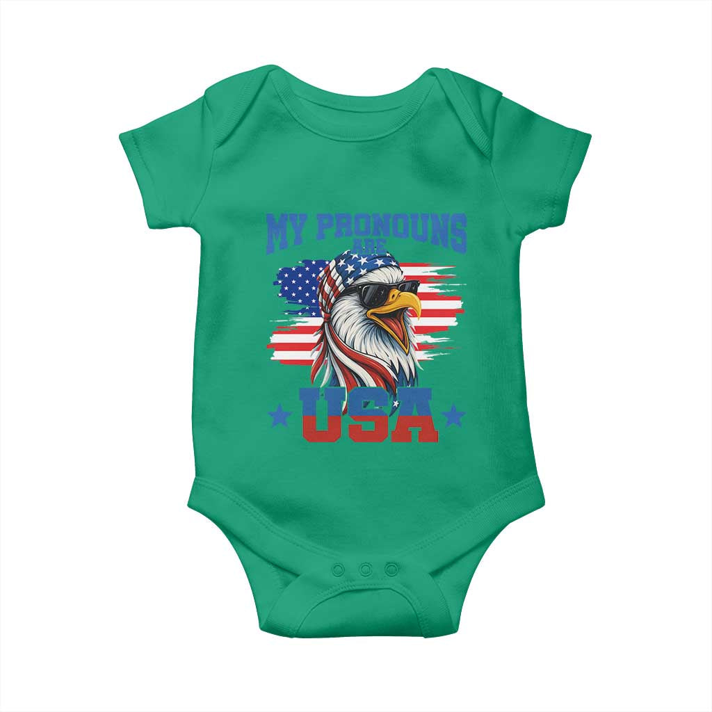 My Pronouns Are USA Baby Onesie Bold Patriotic Eagle with American Flag Bandana Mullet TS02 Irish Green Print Your Wear
