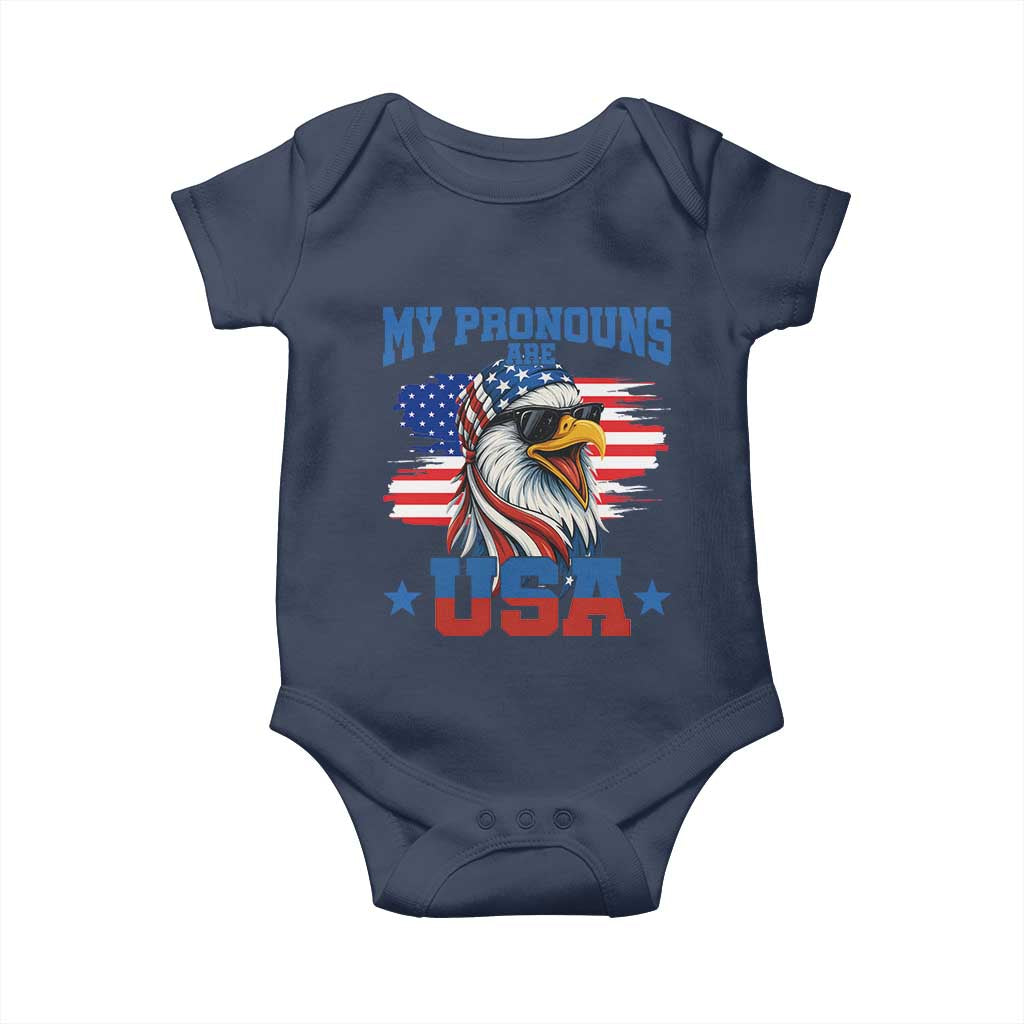 My Pronouns Are USA Baby Onesie Bold Patriotic Eagle with American Flag Bandana Mullet TS02 Navy Print Your Wear