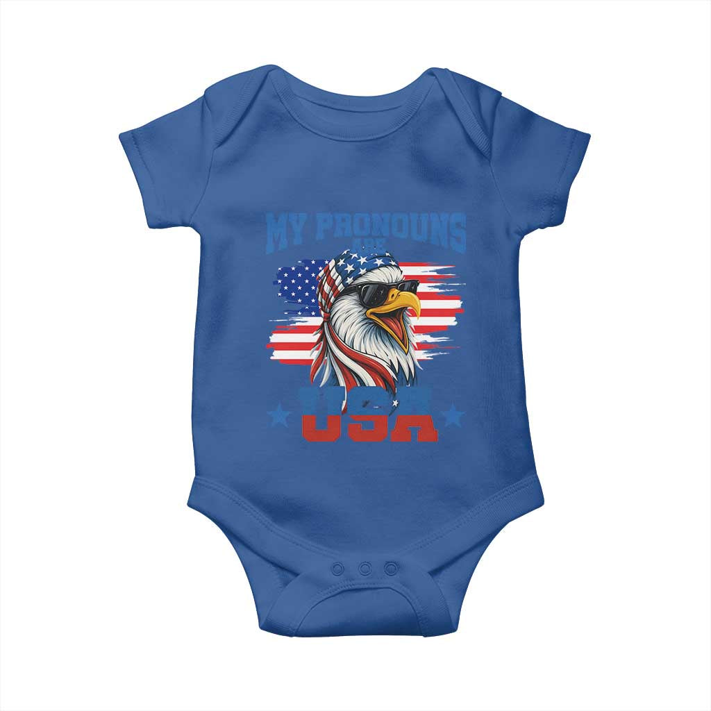 My Pronouns Are USA Baby Onesie Bold Patriotic Eagle with American Flag Bandana Mullet TS02 Royal Blue Print Your Wear