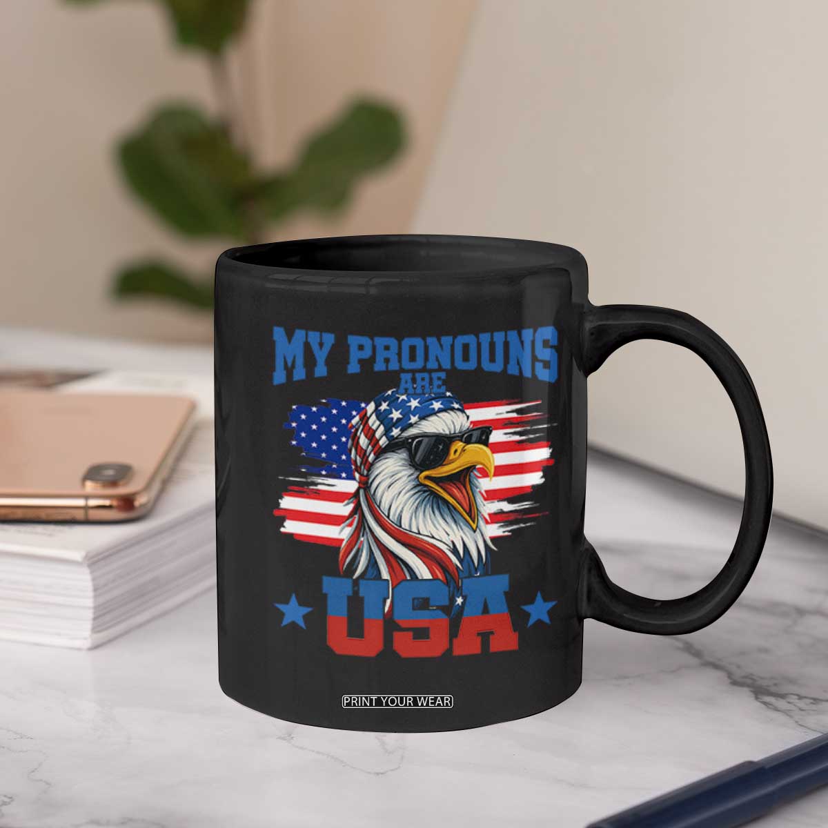 My Pronouns Are USA Coffee Mug Bold Patriotic Eagle with American Flag Bandana Mullet TS02 Print Your Wear