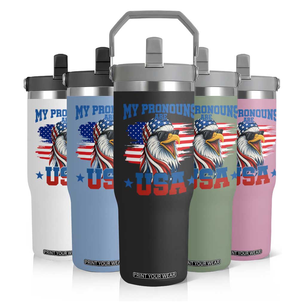 My Pronouns Are USA Flip Straw Tumbler Bold Patriotic Eagle with American Flag Bandana Mullet TS02 Print Your Wear