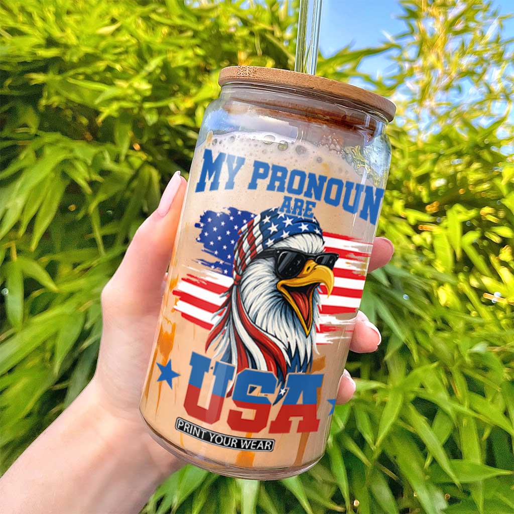 My Pronouns Are USA Glass Can Bold Patriotic Eagle with American Flag Bandana Mullet TS02 Print Your Wear