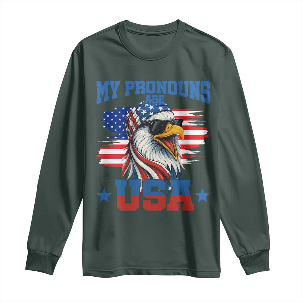 My Pronouns Are USA Long Sleeve Shirt Bold Patriotic Eagle with American Flag Bandana Mullet TS02 Dark Forest Green Print Your Wear