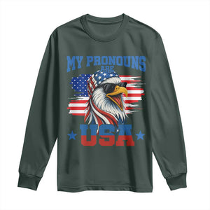 My Pronouns Are USA Long Sleeve Shirt Bold Patriotic Eagle with American Flag Bandana Mullet TS02 Dark Forest Green Print Your Wear