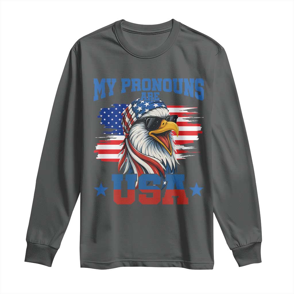 My Pronouns Are USA Long Sleeve Shirt Bold Patriotic Eagle with American Flag Bandana Mullet TS02 Dark Heather Print Your Wear