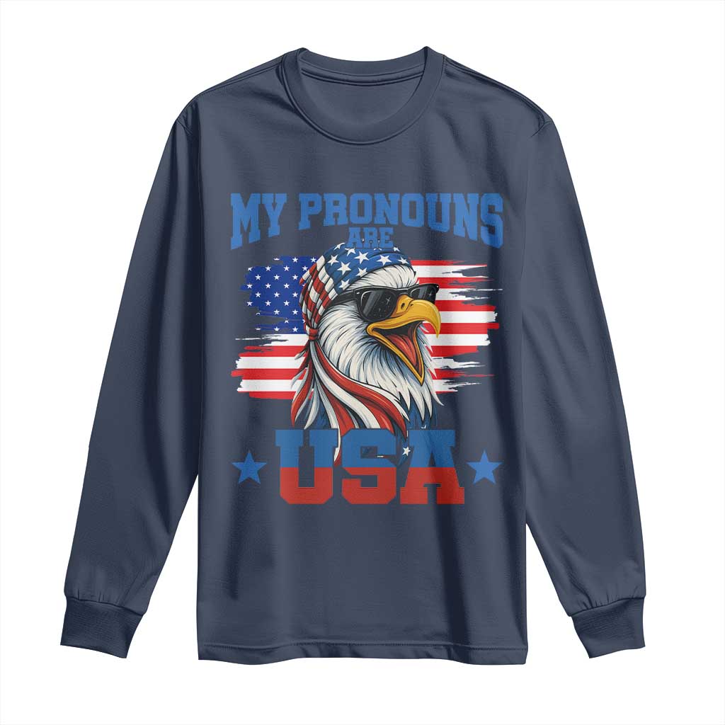 My Pronouns Are USA Long Sleeve Shirt Bold Patriotic Eagle with American Flag Bandana Mullet TS02 Navy Print Your Wear