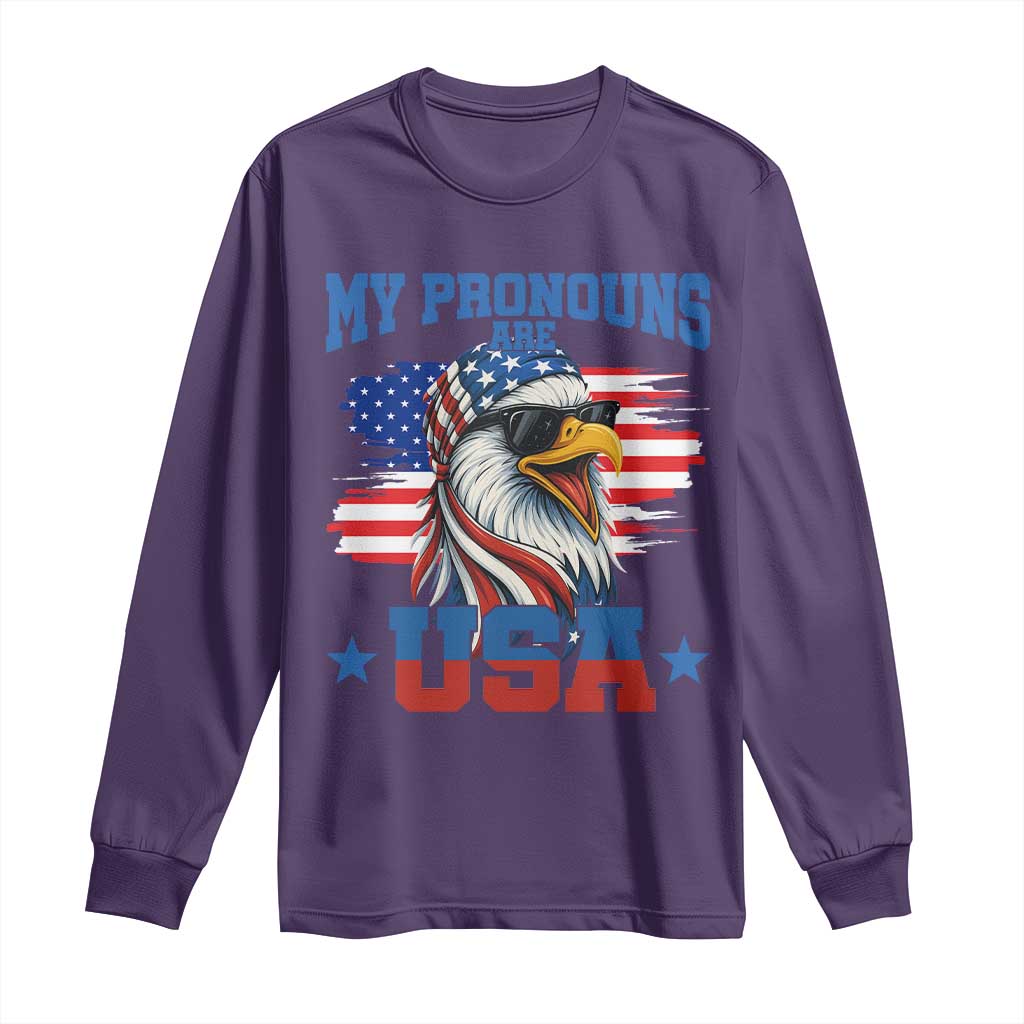 My Pronouns Are USA Long Sleeve Shirt Bold Patriotic Eagle with American Flag Bandana Mullet TS02 Purple Print Your Wear