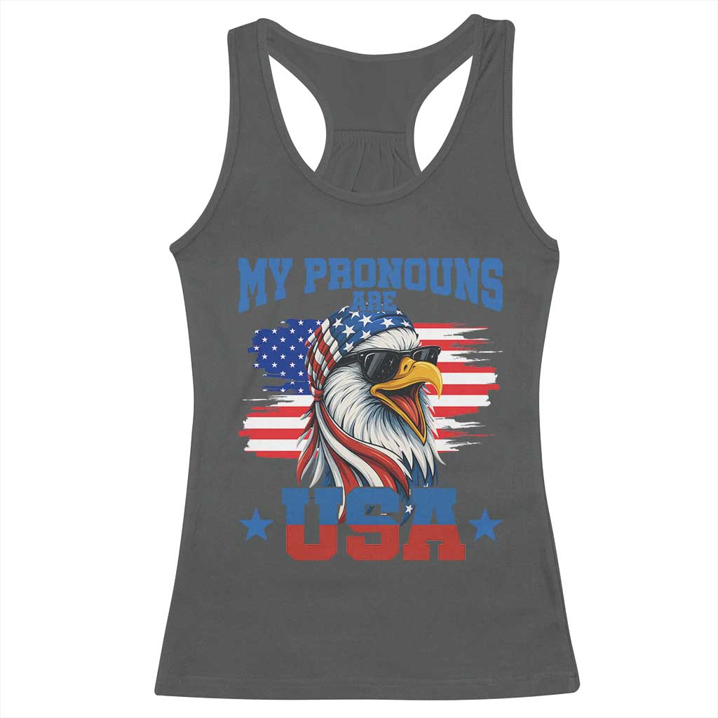 My Pronouns Are USA Racerback Tank Top Bold Patriotic Eagle with American Flag Bandana Mullet TS02 Dark Heather Print Your Wear