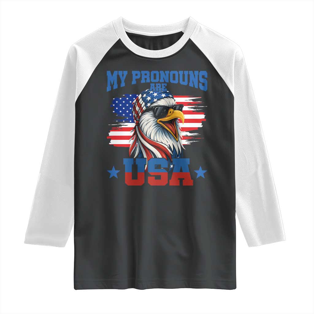 My Pronouns Are USA Raglan Shirt Bold Patriotic Eagle with American Flag Bandana Mullet TS02 Black White Print Your Wear