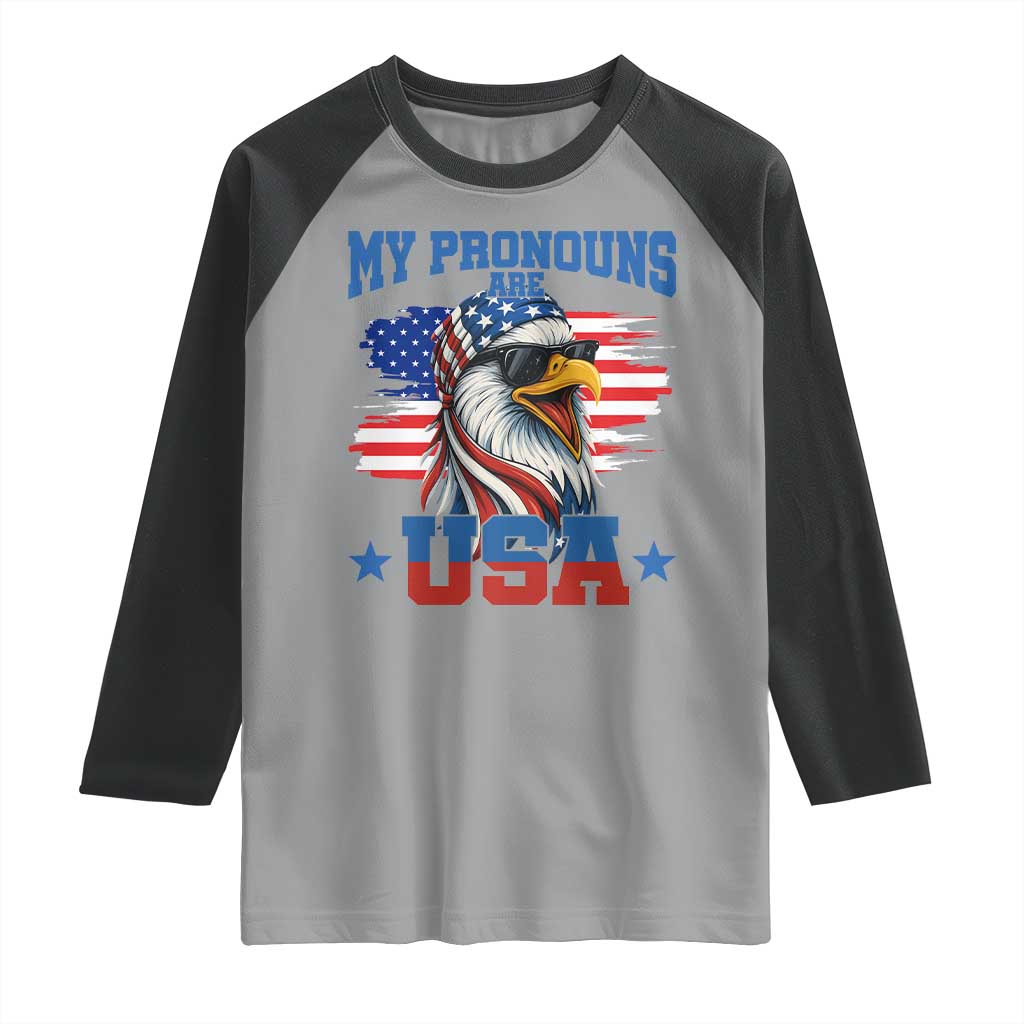 My Pronouns Are USA Raglan Shirt Bold Patriotic Eagle with American Flag Bandana Mullet TS02 Sport Gray Black Print Your Wear