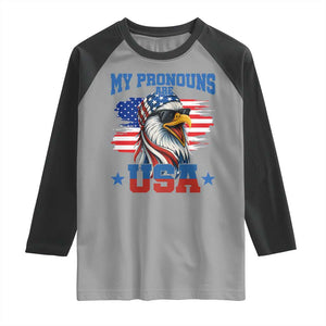 My Pronouns Are USA Raglan Shirt Bold Patriotic Eagle with American Flag Bandana Mullet TS02 Sport Gray Black Print Your Wear