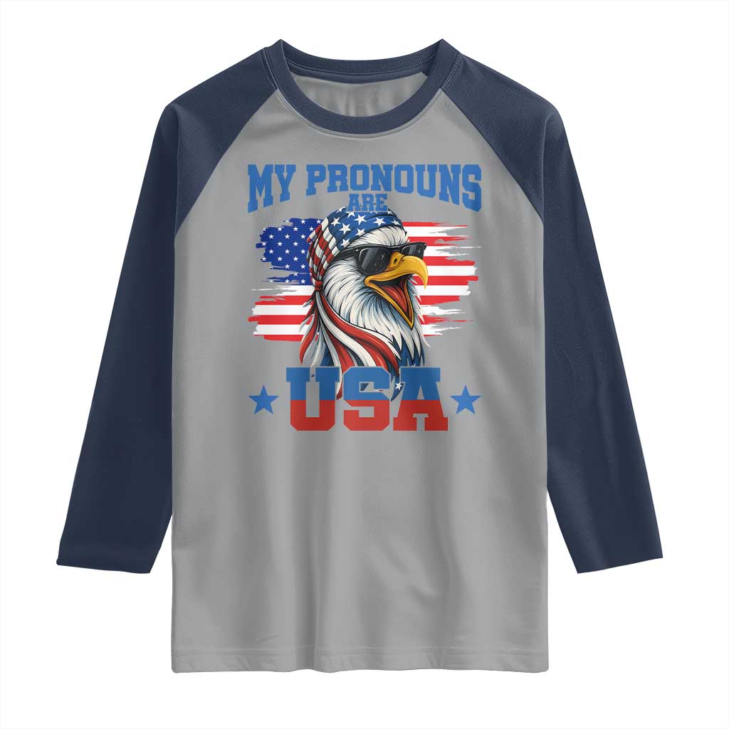 My Pronouns Are USA Raglan Shirt Bold Patriotic Eagle with American Flag Bandana Mullet TS02 Sport Gray Navy Print Your Wear