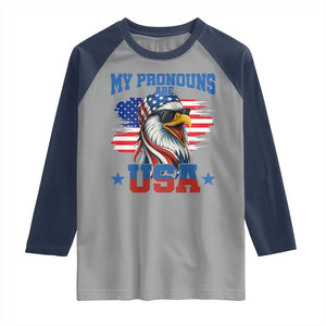 My Pronouns Are USA Raglan Shirt Bold Patriotic Eagle with American Flag Bandana Mullet TS02 Sport Gray Navy Print Your Wear