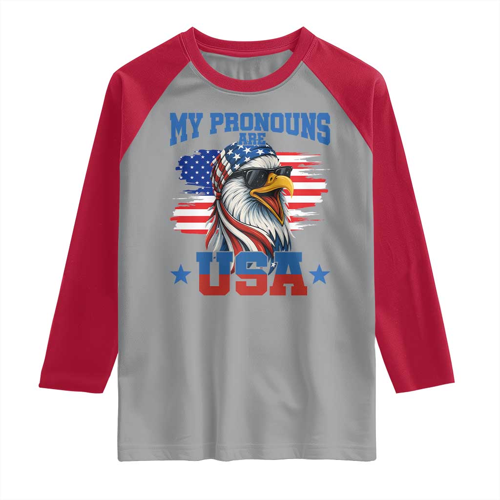 My Pronouns Are USA Raglan Shirt Bold Patriotic Eagle with American Flag Bandana Mullet TS02 Sport Gray Red Print Your Wear