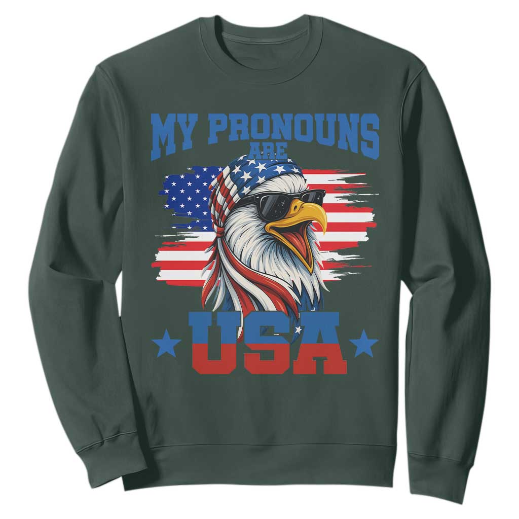 My Pronouns Are USA Sweatshirt Bold Patriotic Eagle with American Flag Bandana Mullet TS02 Dark Forest Green Print Your Wear