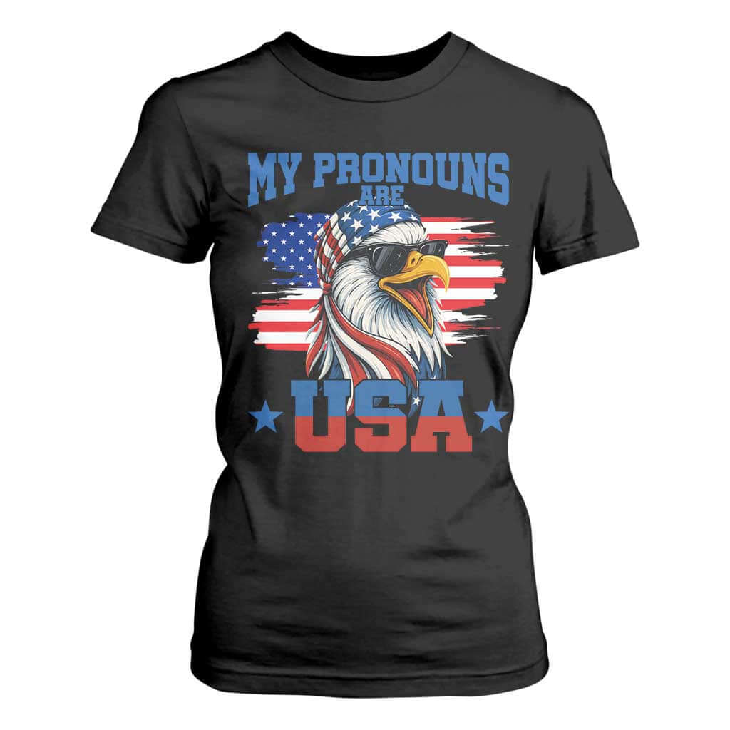My Pronouns Are USA T Shirt For Women Bold Patriotic Eagle with American Flag Bandana Mullet TS02 Black Print Your Wear