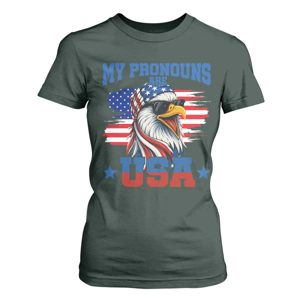 My Pronouns Are USA T Shirt For Women Bold Patriotic Eagle with American Flag Bandana Mullet TS02 Dark Forest Green Print Your Wear