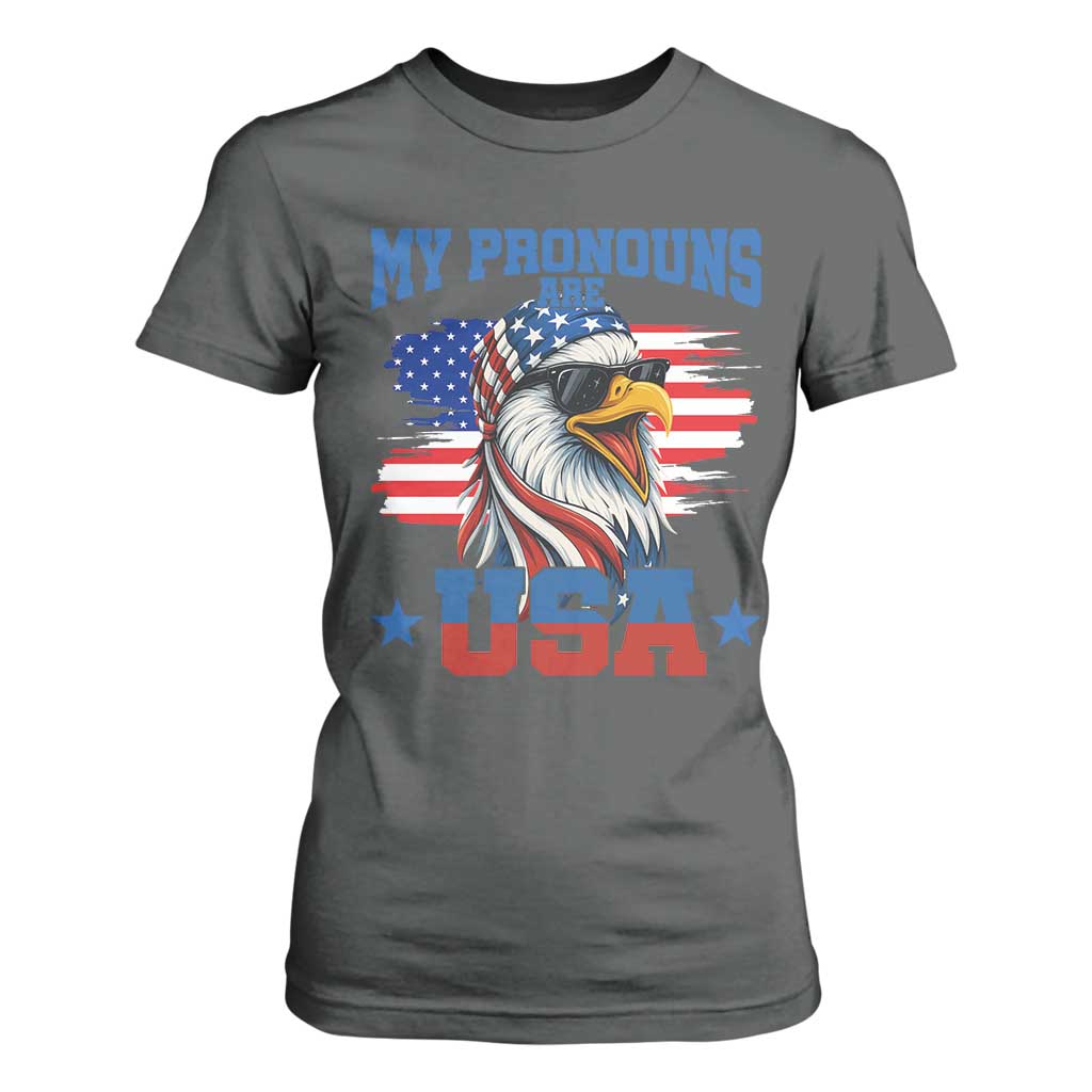 My Pronouns Are USA T Shirt For Women Bold Patriotic Eagle with American Flag Bandana Mullet TS02 Dark Heather Print Your Wear