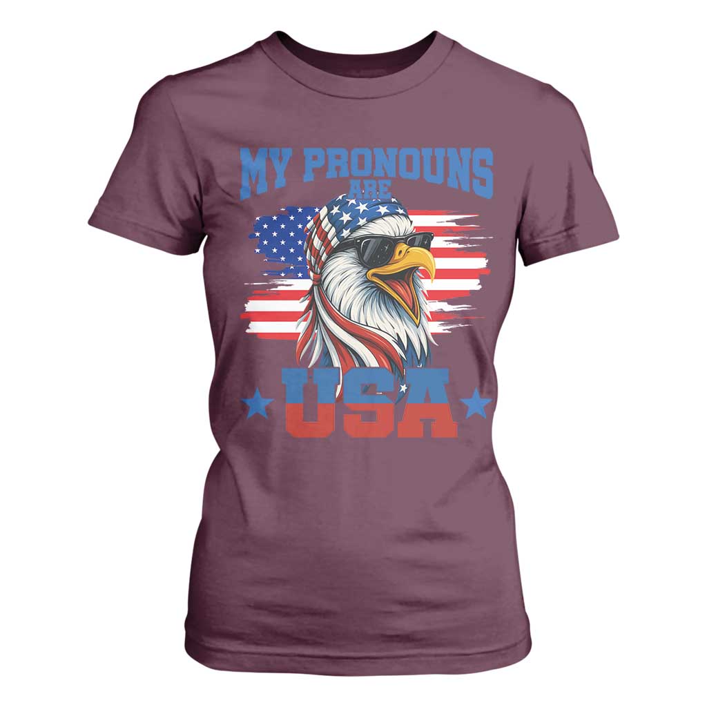My Pronouns Are USA T Shirt For Women Bold Patriotic Eagle with American Flag Bandana Mullet TS02 Maroon Print Your Wear