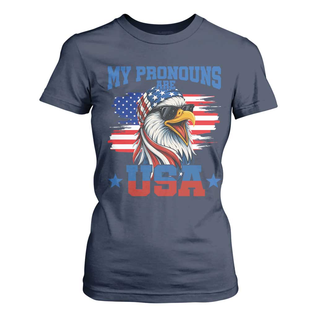 My Pronouns Are USA T Shirt For Women Bold Patriotic Eagle with American Flag Bandana Mullet TS02 Navy Print Your Wear