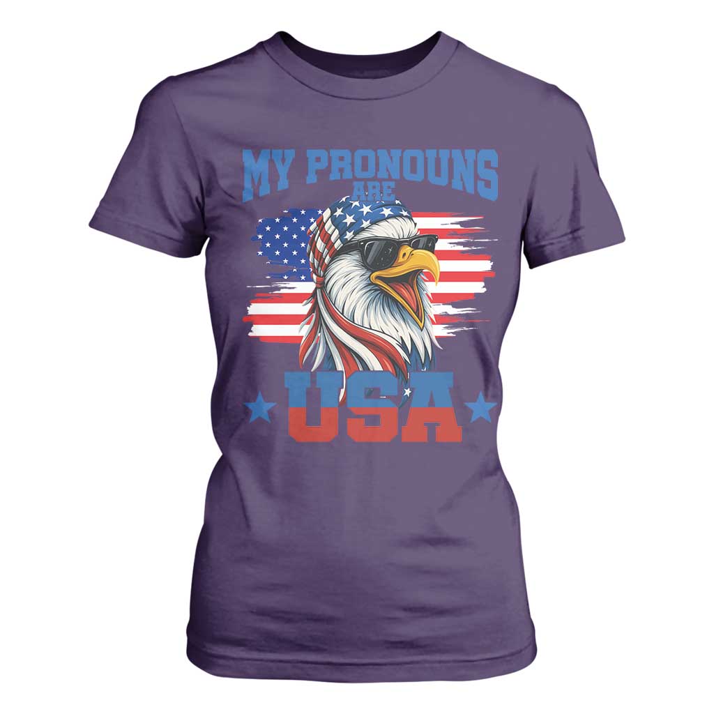My Pronouns Are USA T Shirt For Women Bold Patriotic Eagle with American Flag Bandana Mullet TS02 Purple Print Your Wear