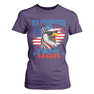 My Pronouns Are USA T Shirt For Women Bold Patriotic Eagle with American Flag Bandana Mullet TS02 Purple Print Your Wear