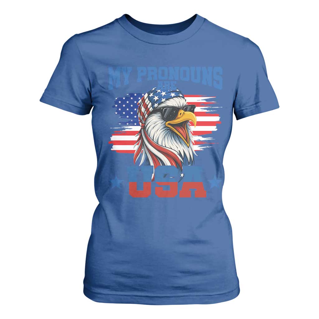 My Pronouns Are USA T Shirt For Women Bold Patriotic Eagle with American Flag Bandana Mullet TS02 Royal Blue Print Your Wear