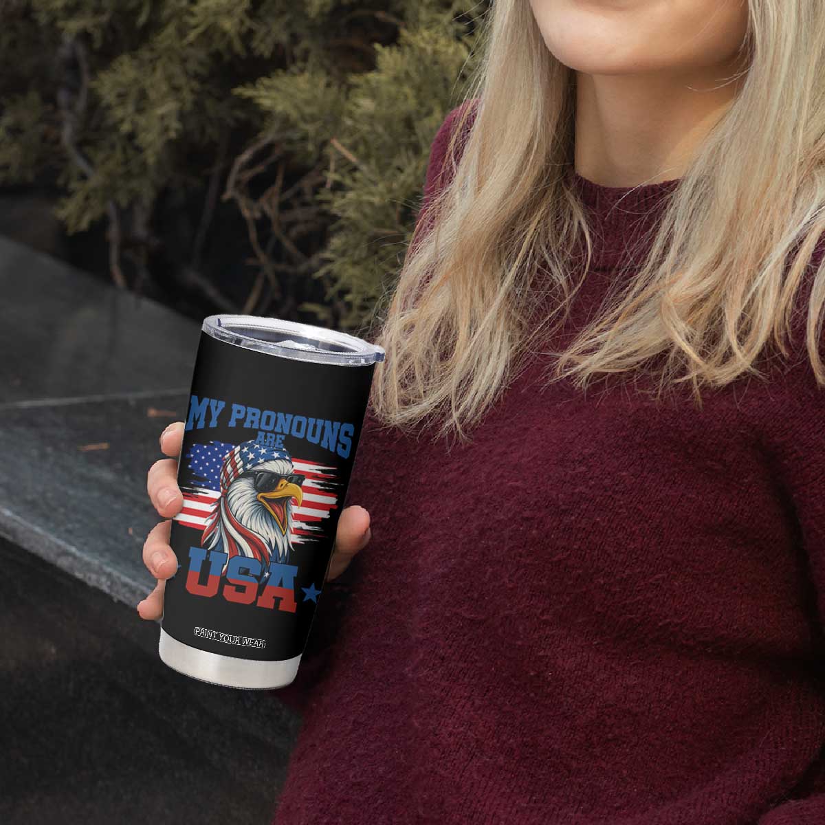 My Pronouns Are USA Tumbler Cup Bold Patriotic Eagle with American Flag Bandana Mullet TS02 Print Your Wear