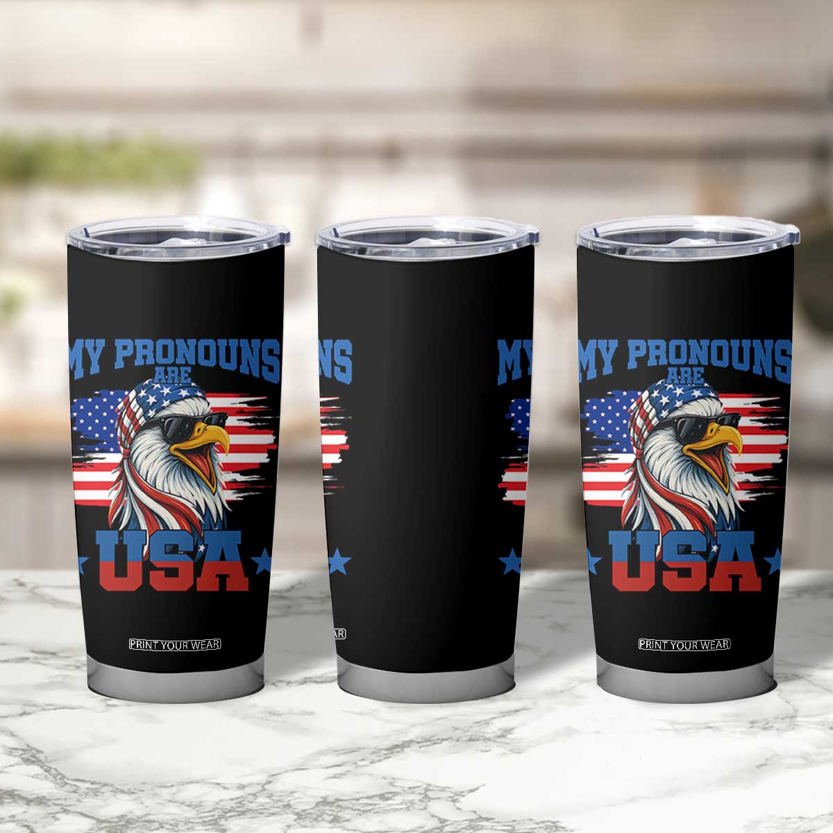 My Pronouns Are USA Tumbler Cup Bold Patriotic Eagle with American Flag Bandana Mullet TS02 Print Your Wear