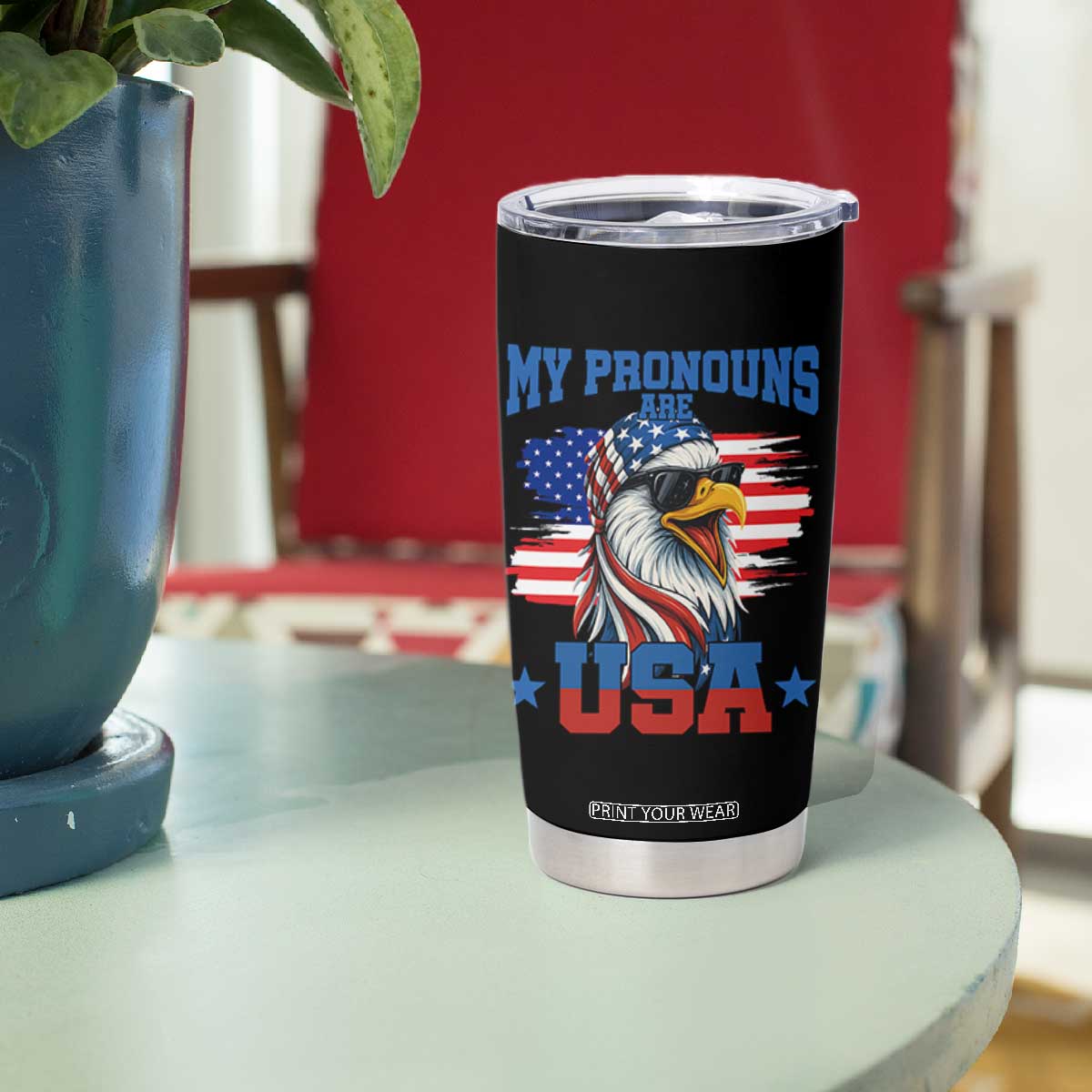 My Pronouns Are USA Tumbler Cup Bold Patriotic Eagle with American Flag Bandana Mullet TS02 Print Your Wear