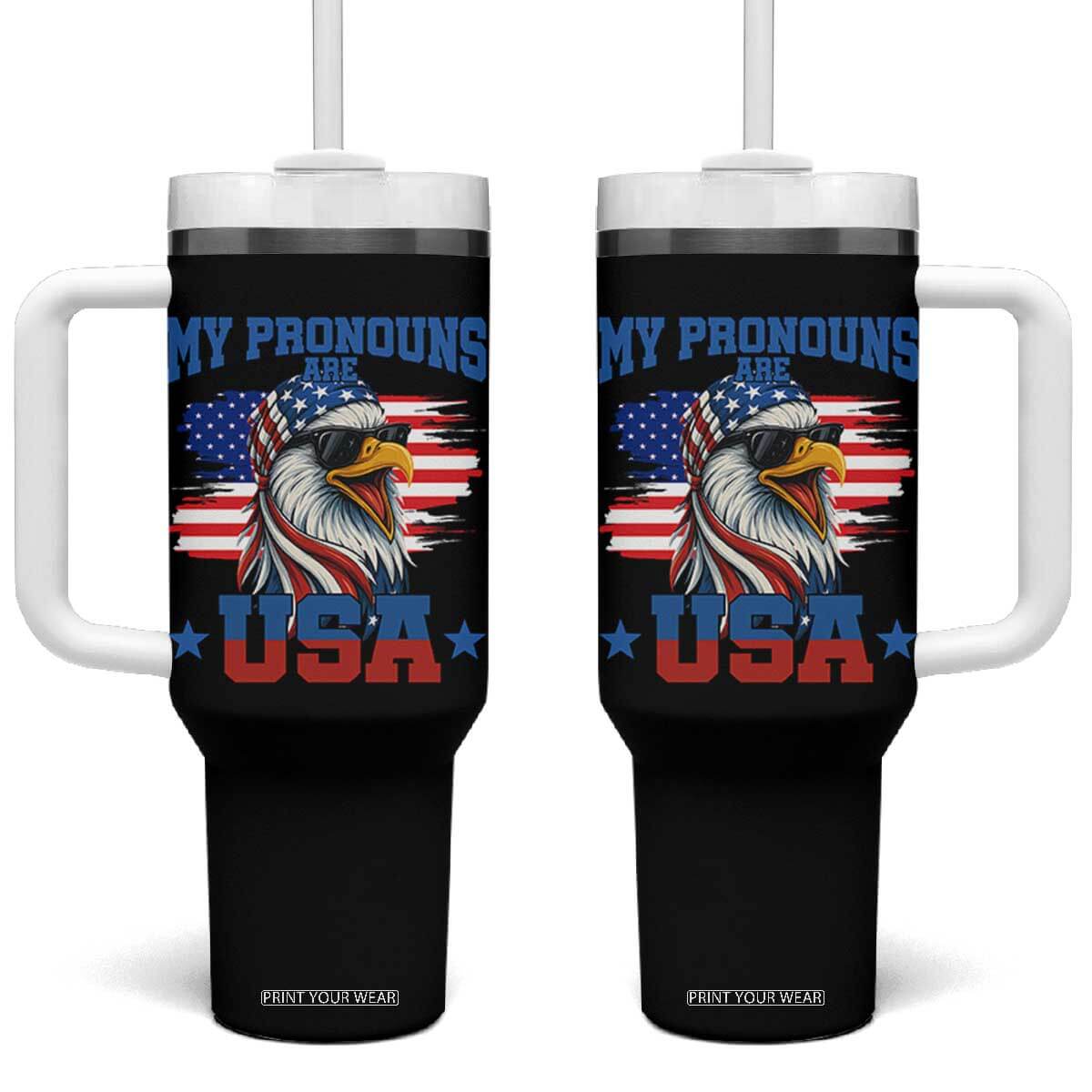 My Pronouns Are USA Tumbler With Handle Bold Patriotic Eagle with American Flag Bandana Mullet TS02 One Size: 40 oz Black Print Your Wear