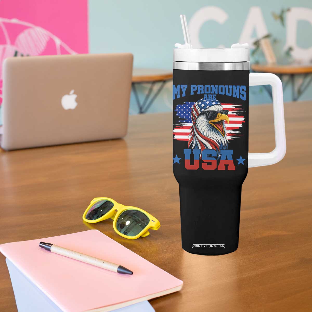 My Pronouns Are USA Tumbler With Handle Bold Patriotic Eagle with American Flag Bandana Mullet TS02 Print Your Wear